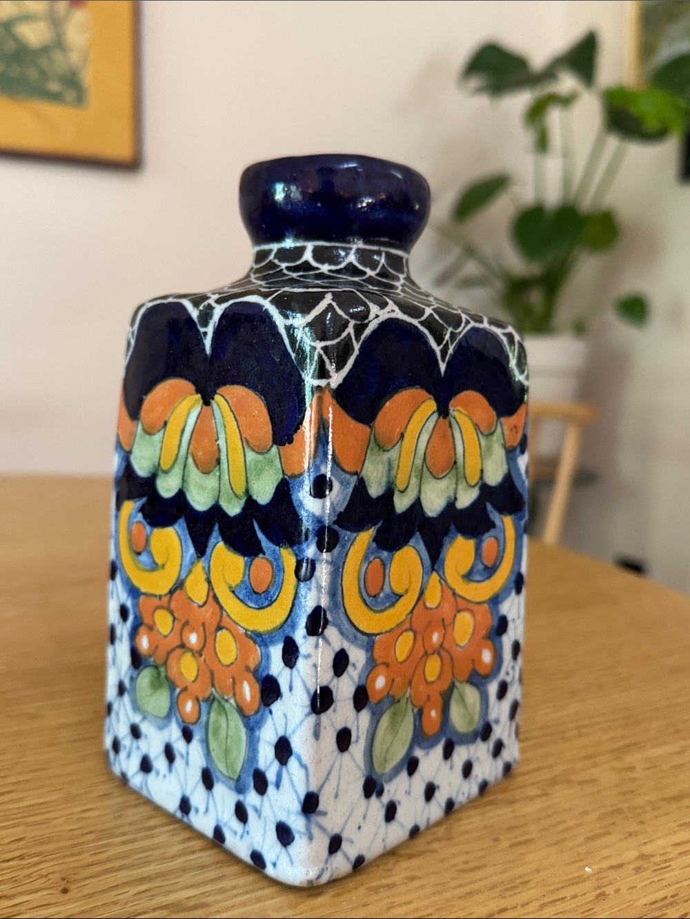 Talavera Vintage Hand-Painted Floral Ceramic Vase in Deep Blue and Orange